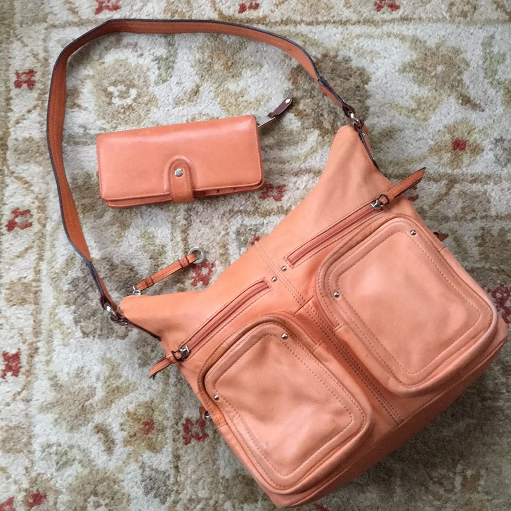 Tignanello Peach/Coral Leather Shoulder Bag with Wallet